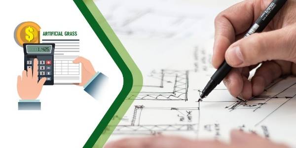 The designer is calculating the artificial grass size and area.
