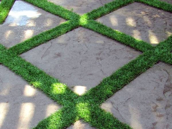 Artificial grass around the outdoor floor tiles