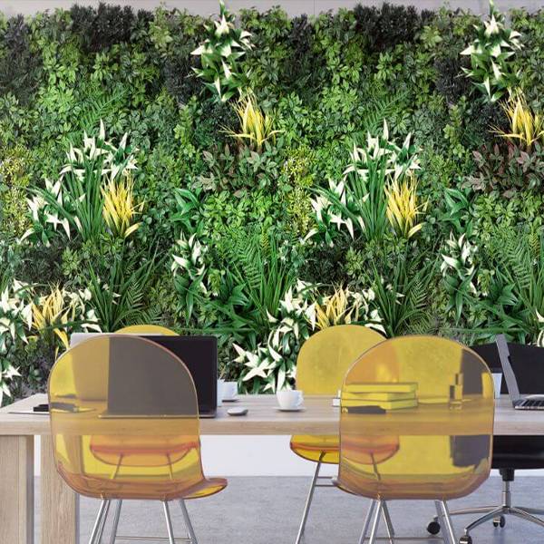 Artificial plant wall with yellow and white