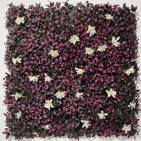 Artificial plant wall with many purple and white flowers