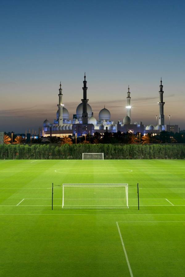 Football field laid with artificial grass
