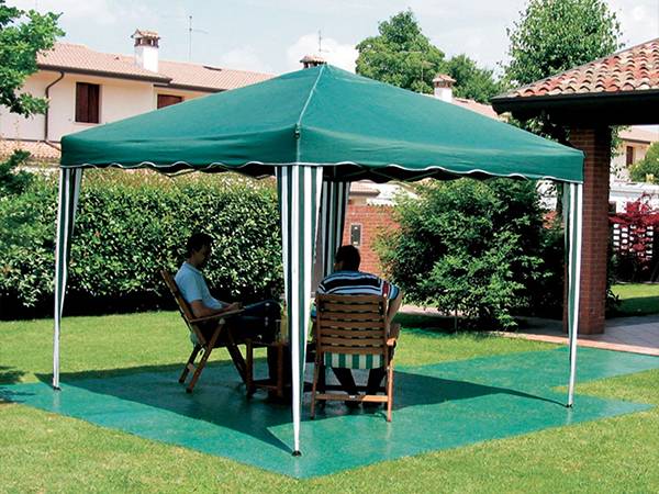 2 men sitting in gazebo on interlocking sports flooring tiles foundation to cool off
