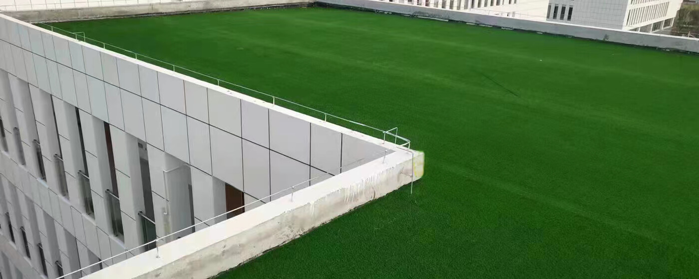 The rooftop of the university's academic building is covered with artificial turf.