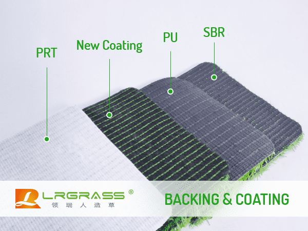 A piece of artificial grass with new recyclable coating