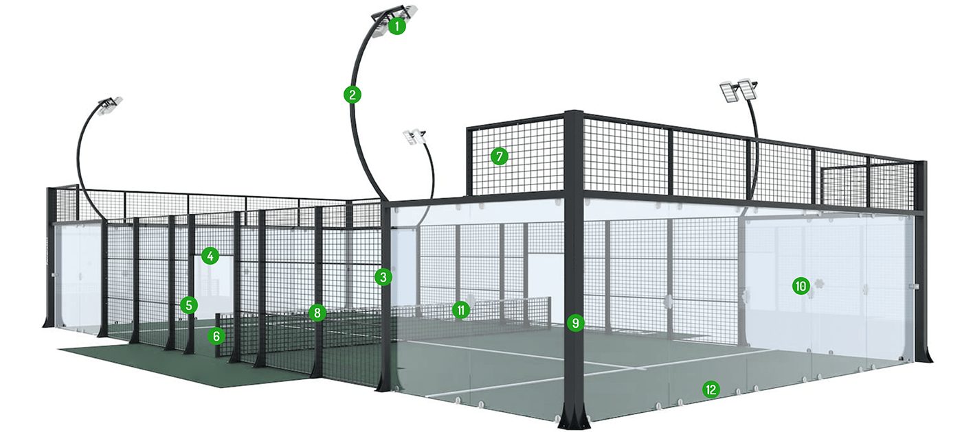 Accessories of a panoramic padel court with blue artificial turf labeled